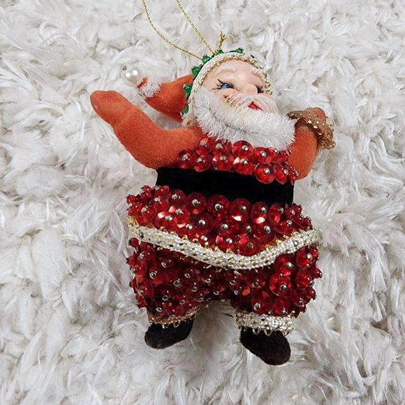 Vintage Mr & Ms Claus Christmas Tree Ornaments Beaded Sequin Felted Figures - Picture 8 of 12